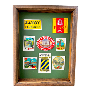 Antique Steamer Trunk Luxury Hotel Travel Decal Collection in Custom Solid Wood Shadowbox – Savoy Florence, Plaza Nice, Amalfi, Venice, Pisa & More
