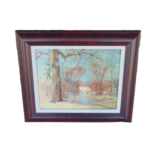 Sky Blue Antique Oil Painting "Murray Pond Outside Stockbridge" by Robert Woodberry 17Wx14H Framed For Sale - Image 8 of 10
