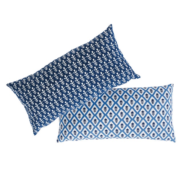 Indian Schumacher X Molly Mahon Bagru & Buti 20" Lumbar Pillow in Blue For Sale - Image 3 of 5