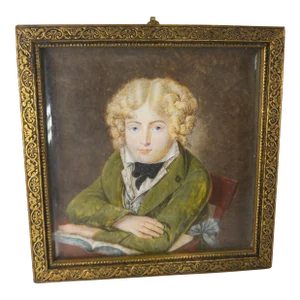 19th Century French Miniature Watercolor Portrait Painting of a Boy After Daniel Saint