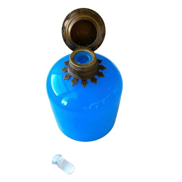 Glass Antique French Blue Opaline Perfume Scent Bottle With Miniature Louvre Painting, Circa 1850, Perfume Museum For Sale - Image 7 of 11