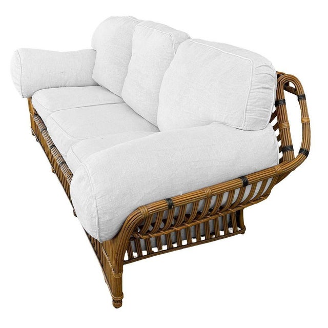 1980s Stick Reed Rattan Sofa & Chair Living Room Set W/ Overstuffed Cushions For Sale In Los Angeles - Image 6 of 12