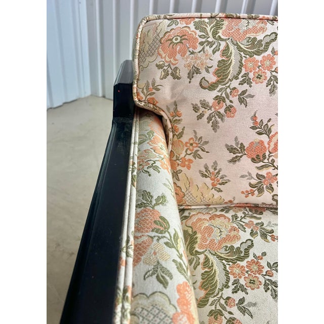 Chic Vintage Chinoiserie Key City Custom Asian Style Black Lacquered Sofa With Floral Brocade Fabric For Sale - Image 6 of 12