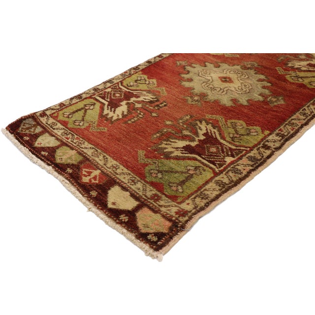 50984 Vintage Turkish Yastik Rug, 01'08 x 03'04. This enchanting hand-knotted wool vintage Turkish Yastik rug tells a...
