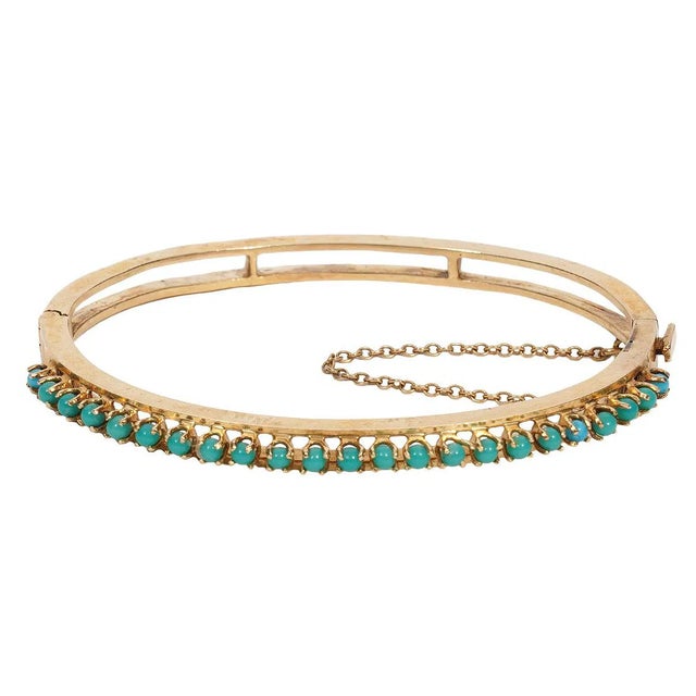 1950s 14k Turquoise Bangle Bracelet Yellow Gold Bead Vintage Opens Hinged For Sale - Image 9 of 11