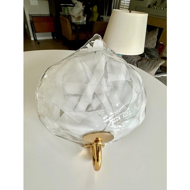 Glass Pair of Mazzega Murano White and Clear Glass Leaf Wall Sconces For Sale - Image 7 of 18
