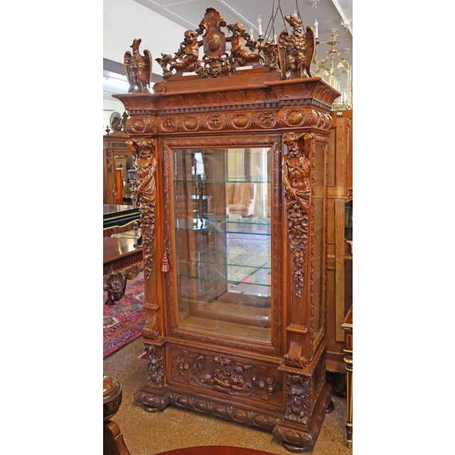 Traditional 19th Century Renaissance Revival Atlas Walnut Figural Curio China Cabinet For Sale - Image 3 of 18