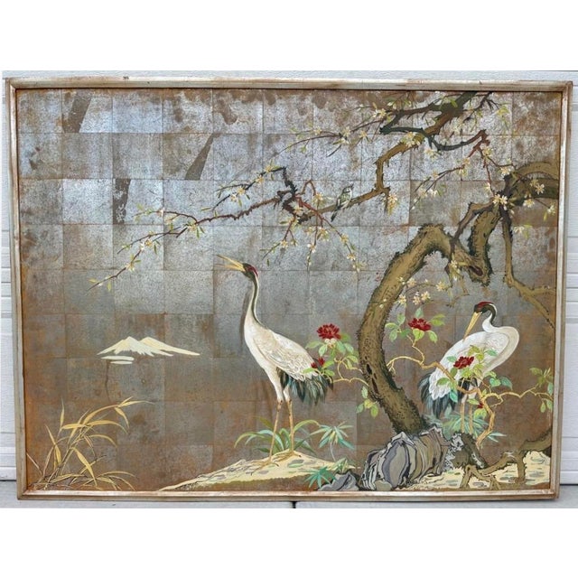 1920s 1920s Large Japanese Chinoiserie Crane Painting on Wood Panel W/ Silver, Gold, & Copper Leaf — Art Deco Framed For Sale - Image 5 of 18
