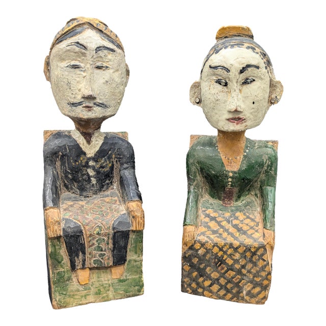 Antique Javanese Folk Art "Loro Blonyo" Wedding Statues For Sale