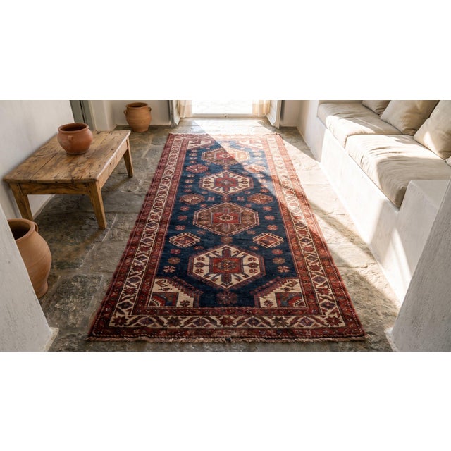 Late 19th Century 1890s Blue Navy Harshang Geometric Antique Nw Persian Rug 4'0" X 10'6" Handmade Wool Carpet For Sale - Image 5 of 7