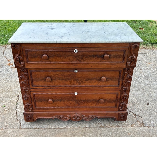 19th Century American Flame Mahogany Veneer Marble Top Commode Chest For Sale - Image 18 of 18