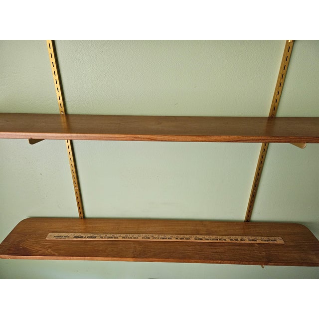Vintage 1970s Three Tier Open Hardwood Wall Mount Shelves W Adjustable Bracket Brass Rails For Sale - Image 9 of 10