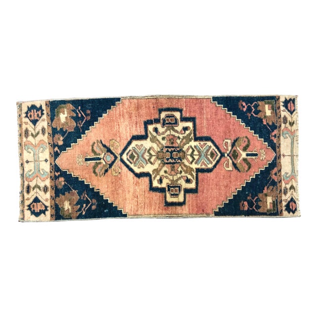 1960s Traditional Turkish Handmade Orange and Blue Small Rug For Sale