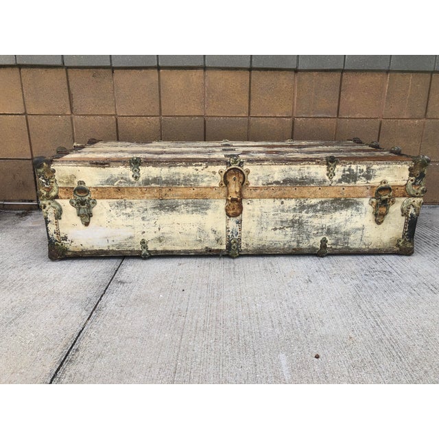 Ivory Antique C a Taylor Trunk Works Steamer Trunk For Sale - Image 8 of 15