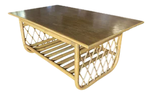 1950s Rectangle Rattan Coffee Table With Diamond Link Side