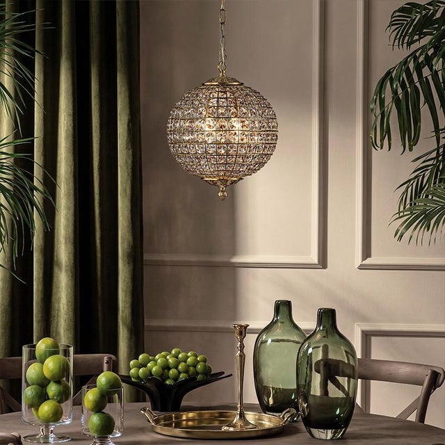 Vintage Aloadecor 2-Light W12 In. Warm Brass Globe Chandelier Small Crystal Chandelier Cage-Style Shade Pendant Light For Sale In Houston - Image 6 of 10