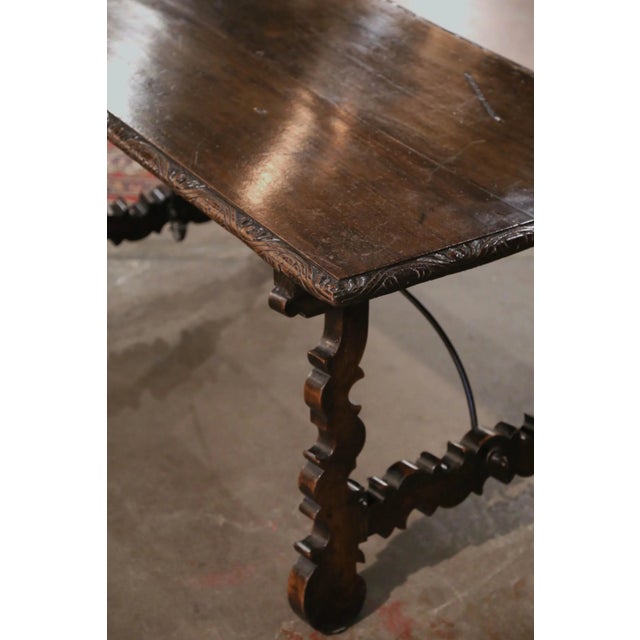 Wood 18th Century Spanish Baroque Carved Walnut Coffee Table With Iron Stretcher For Sale - Image 7 of 13
