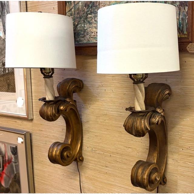 Wood Giltwood Wall Sconces With Shades For Sale - Image 4 of 8