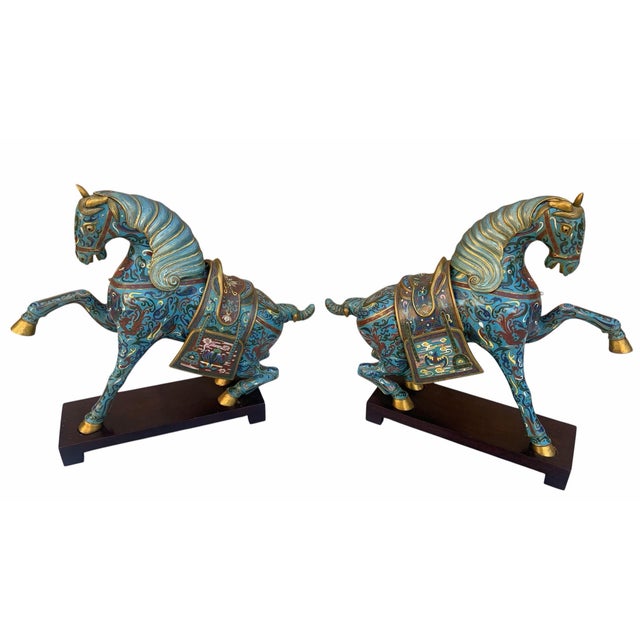 Chinese Vintage Chinese Cloisonné War Horse Sculptures - Pair For Sale - Image 3 of 10