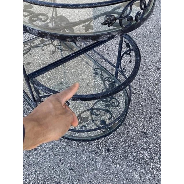 Black Vintage Woodard Wrought Iron Leaf & Vine Curved Glass Garden Patio Bar Tea Cart For Sale - Image 8 of 12