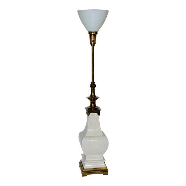1960s Stiffel White Craquelure Porcelain and Brass Torchiere Table Lamp For Sale