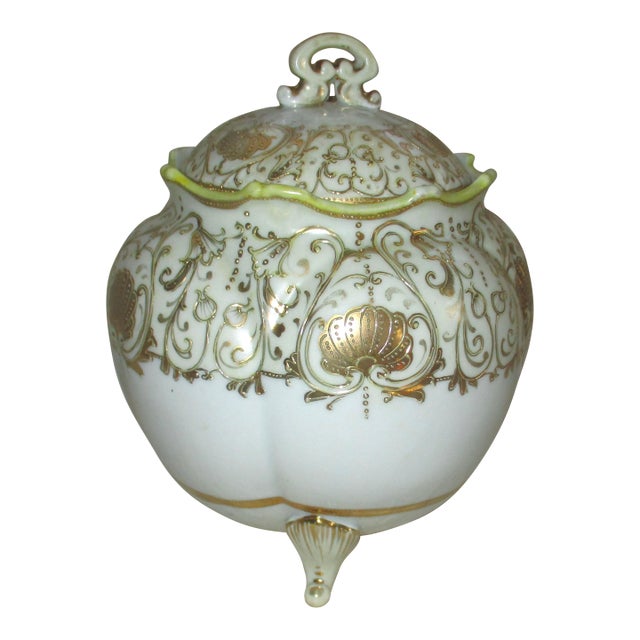 Antique Nippon Morimura Bros Hand Painted Gold Design Porcelain Biscuit Jar For Sale