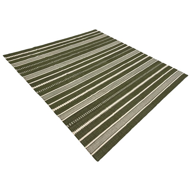 Casa Cosima Handmade Woolen Flat Weave Rug, Olive Green and White Striped Wool Rug - 8'x10' For Sale - Image 4 of 13
