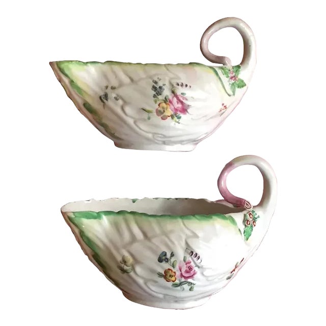 Antique 18th Century English Georgian Chelsea Derby Porcelain Lettuce Form Sauce Boats - A Pair For Sale