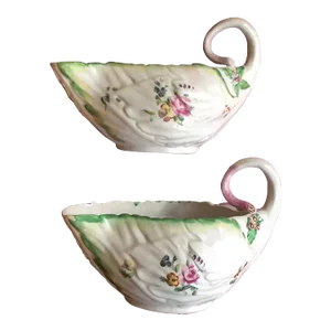 Antique 18th Century English Georgian Chelsea Derby Porcelain Lettuce Form Sauce Boats - A Pair