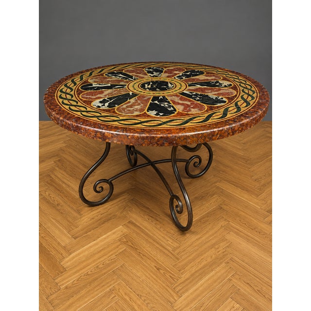Wood Large Round Wrought Iron Table with Scagliola-Style Painted Wooden Top, 1920s For Sale - Image 7 of 7