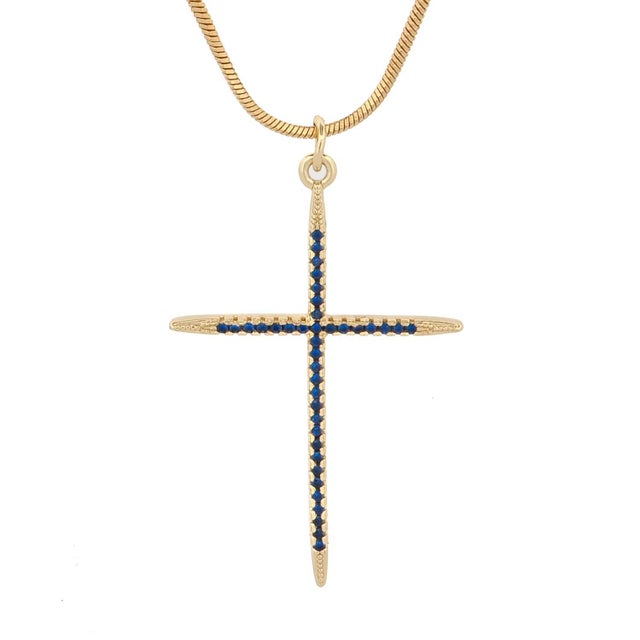 Blue Divine Sapphire Cross Gold Pendant Necklace For Sale - Image 8 of 8