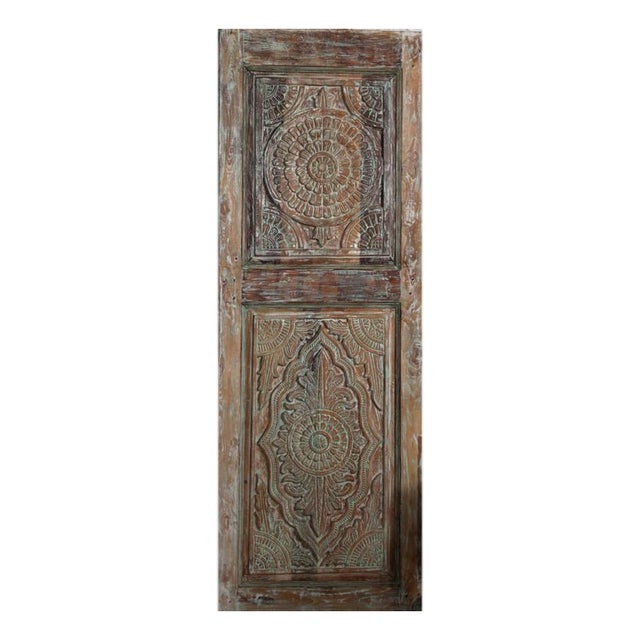 Antique Lotus Carved Barn Door – Hand-Carved Rustic Wooden Statement Door For Sale