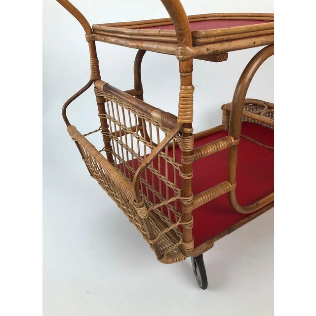 Mid-Century Bar Wagon in Wicker with Red Shelves, 1950s For Sale - Image 9 of 14