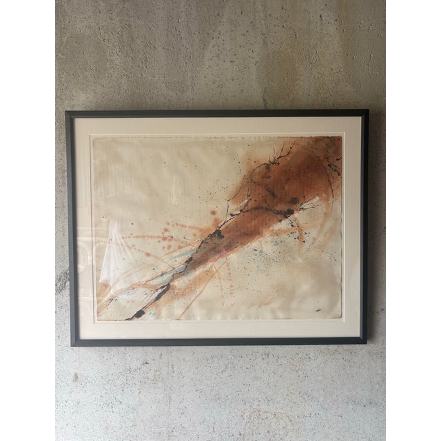 A large vintage abstract watercolor featuring an expressive composition with strong Mid-Century Modern and postmodern...
