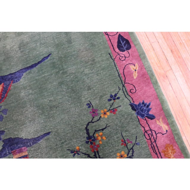 Chinese Pink Green Antique Chinese Art Deco Foyer Size Carpet For Sale - Image 3 of 18