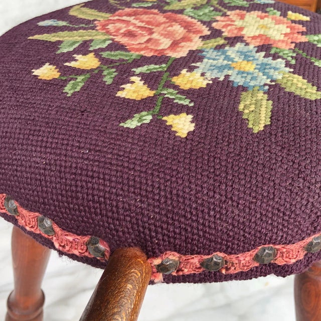 Antique Farmhouse Country Floral Needlepoint Maple Milking Footstool For Sale - Image 10 of 11