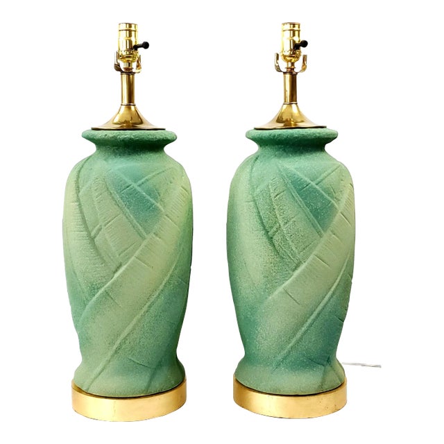 Lamp Pair Green Palm Tree Leaves For Sale