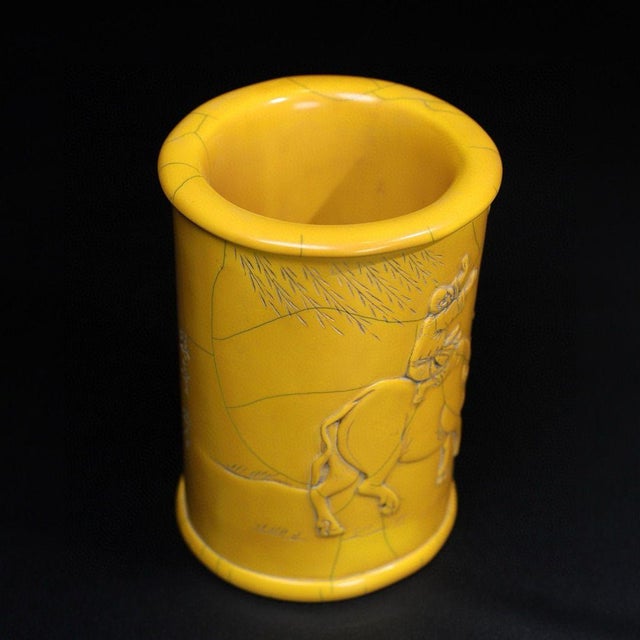 Vintage Chinese Faux Ivory "Boy on Buffalo" Carved Brush Pot - 530g For Sale In Los Angeles - Image 6 of 10