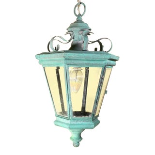 Vintage Solid Brass Hanging Lantern / Pendent / Verdigris Patina For Sale