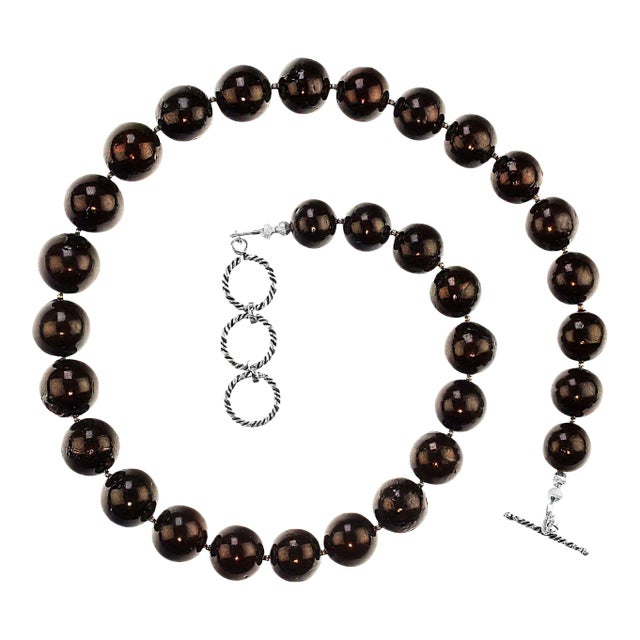 Gently Graduated Black Gemstone Necklace With Sterling Accents For Sale