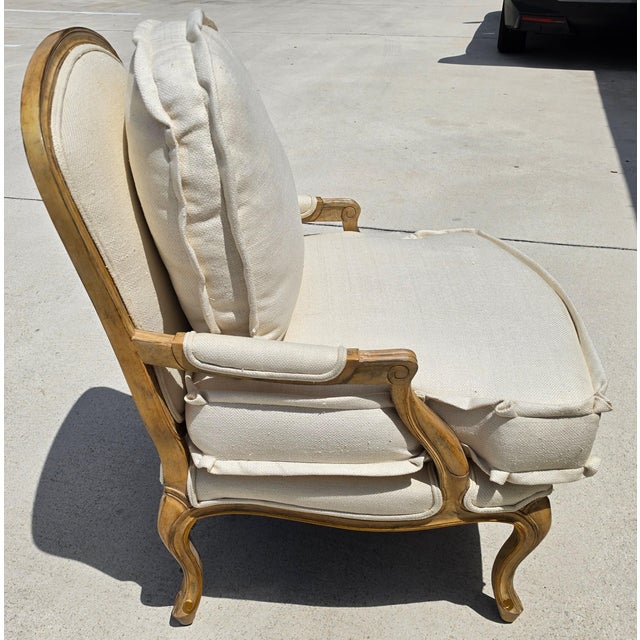 French Provincial Beverly Furniture French Louis XV Fauteuil Off-White Heavy Linen Lounge Chair For Sale - Image 3 of 15