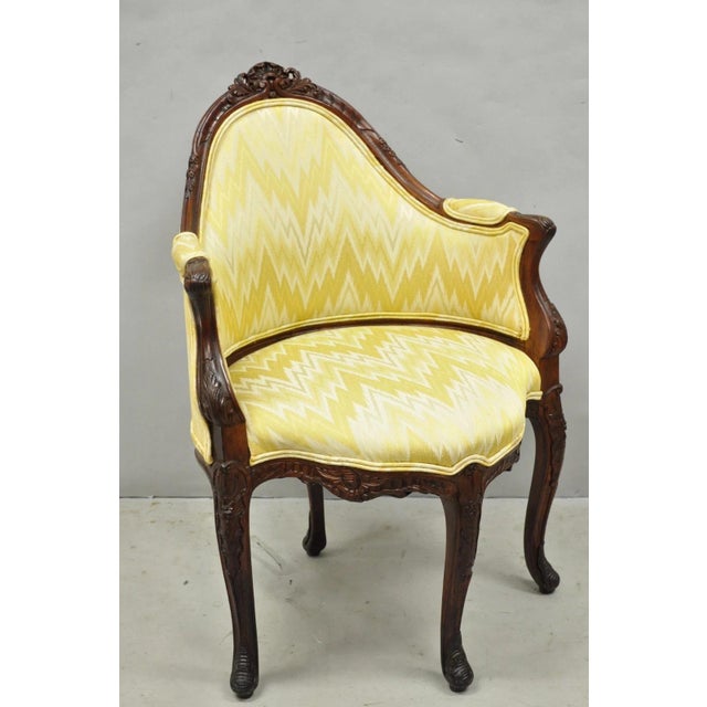 Antique French Louis XV Style Carved Walnut Yellow Fabric Boudoir Lounge Chair. Circa Early 20th Century. Measurements:...