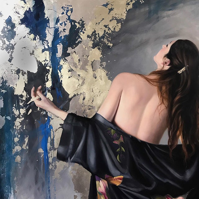 This artwork depicts a figure in a flowing black garment adorned with floral motifs, captured in a moment of graceful...