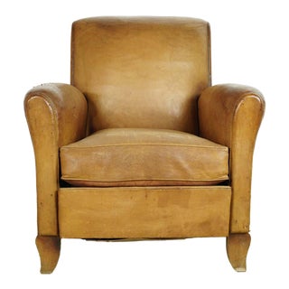 Mid 20th Century European French Brown Leather Club Chair With Wooden Feet For Sale