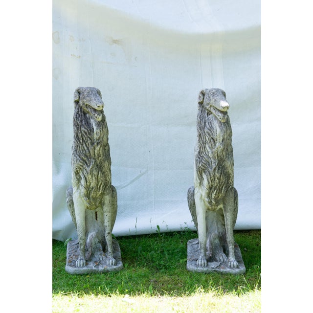 Stone Exquisite Pair of 1930s Cast Stone Borzoi Dog Statues, French/Italian For Sale - Image 7 of 13