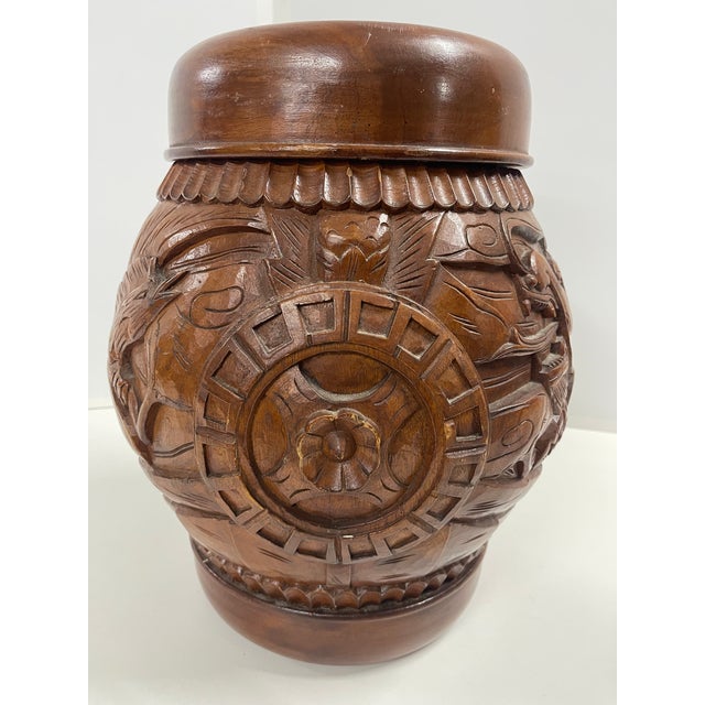 Antique Hand Carved Wooden Hollow Drum-Shaped Chinese Garden Stools—A Pair For Sale - Image 10 of 16