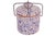 Large six inch blue spatter speckle glaze over light gray pottery vintage crock with hinged metal bail closure. Good...