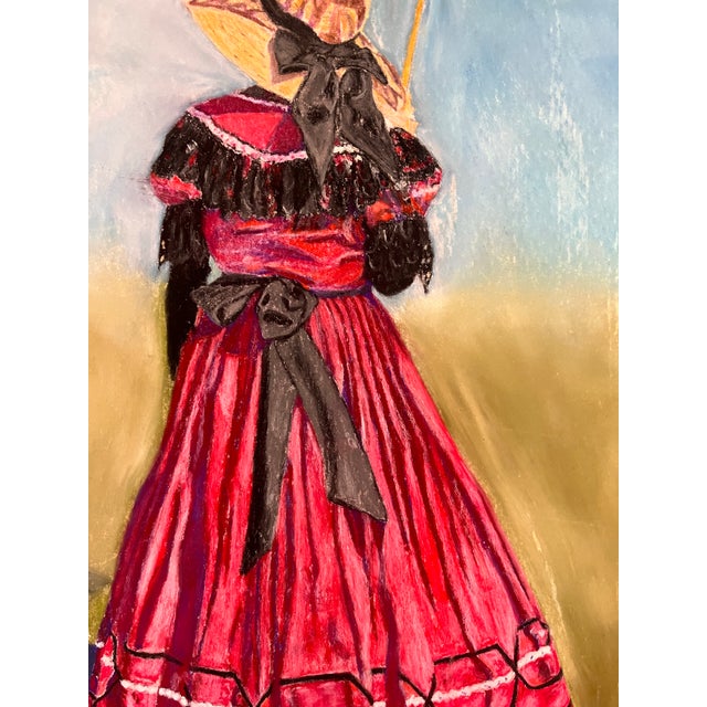 A one-of-a-kind pastel drawing of a woman in a vintage-style crimson gown, seen from behind. She wears a wide-brimmed...