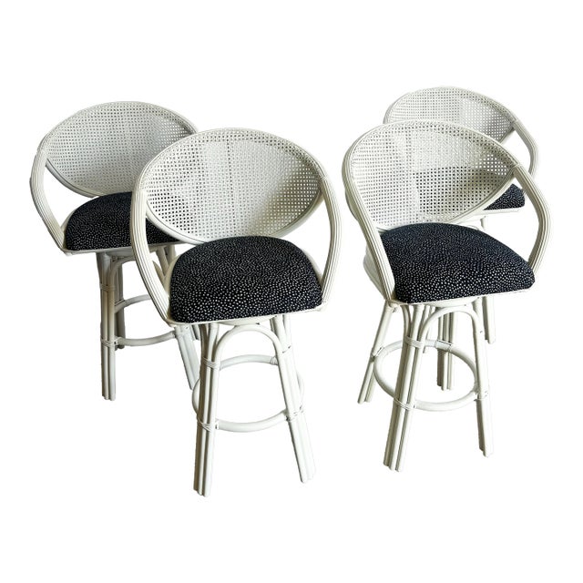 Boho Chic Rattan and Pencil Reed Cane Back Stools - Set of 4 For Sale