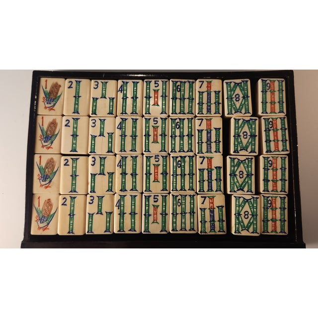 Beautiful Bamboo-and-Bone Mahjong Set in a Black Lacquer Box With Mother of Pearl For Sale - Image 9 of 17